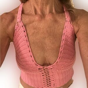 American Eagle Outfitters Pink Camisole with Crochet Detailing sexy lace up back